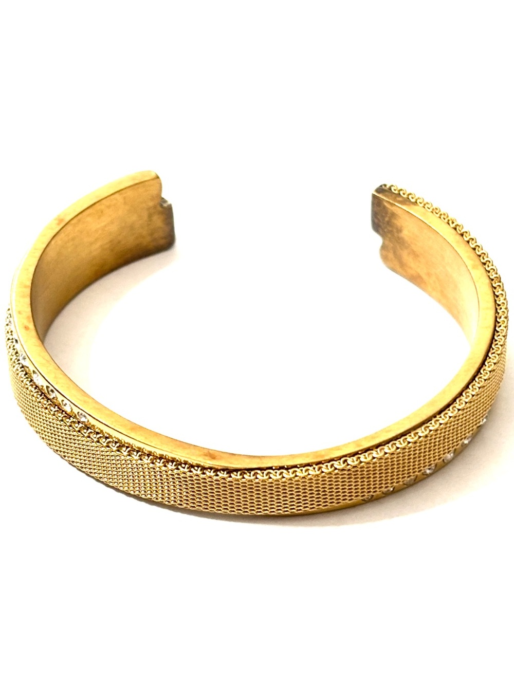 SKAGEN Gold Tone Mesh Crystal Rhinestone Open Cuff Bracelet Minimalist Modern